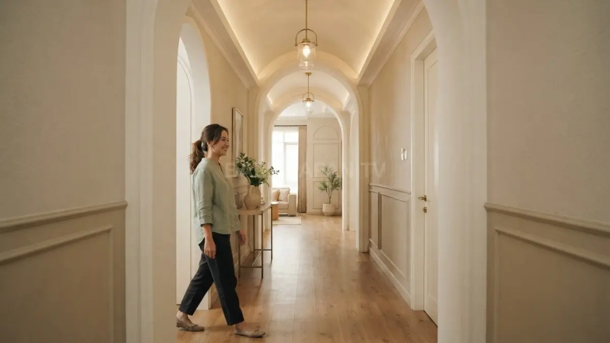 Koridor Transitional dengan archway krem dan plafon barrel-vault menghadirkan suasana lembut, hangat, elegan, berkelas (BTV/AI)