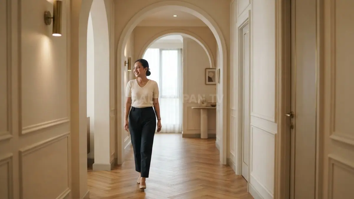 Koridor Transitional dengan archway, panel dinding, lantai kayu, warna krem, dan brass menciptakan suasana elegan tenang (BTV/AI)