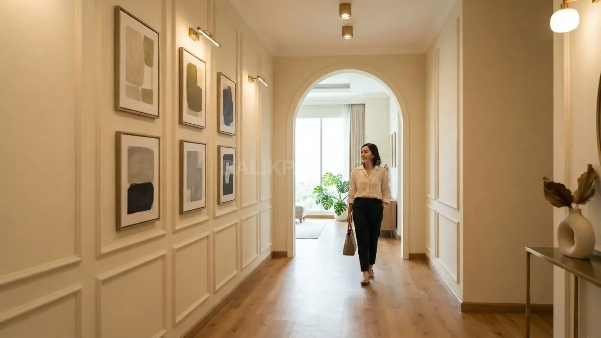 Koridor Transitional dengan panel krem, archway, lantai kayu, dan aksen brass menghadirkan galeri elegan yang hangat (BTV/AI)