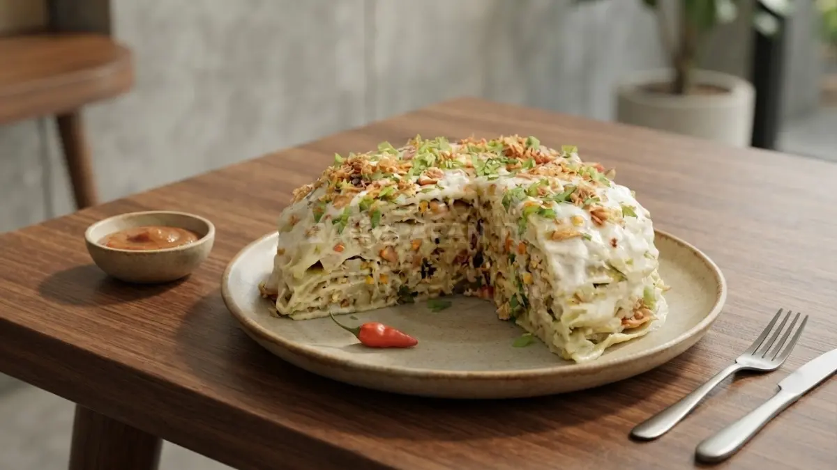 Kue ipau khas Banjar berlapis gurih disajikan anggun lengkap dengan saus dan taburan. (BTV/Ai)