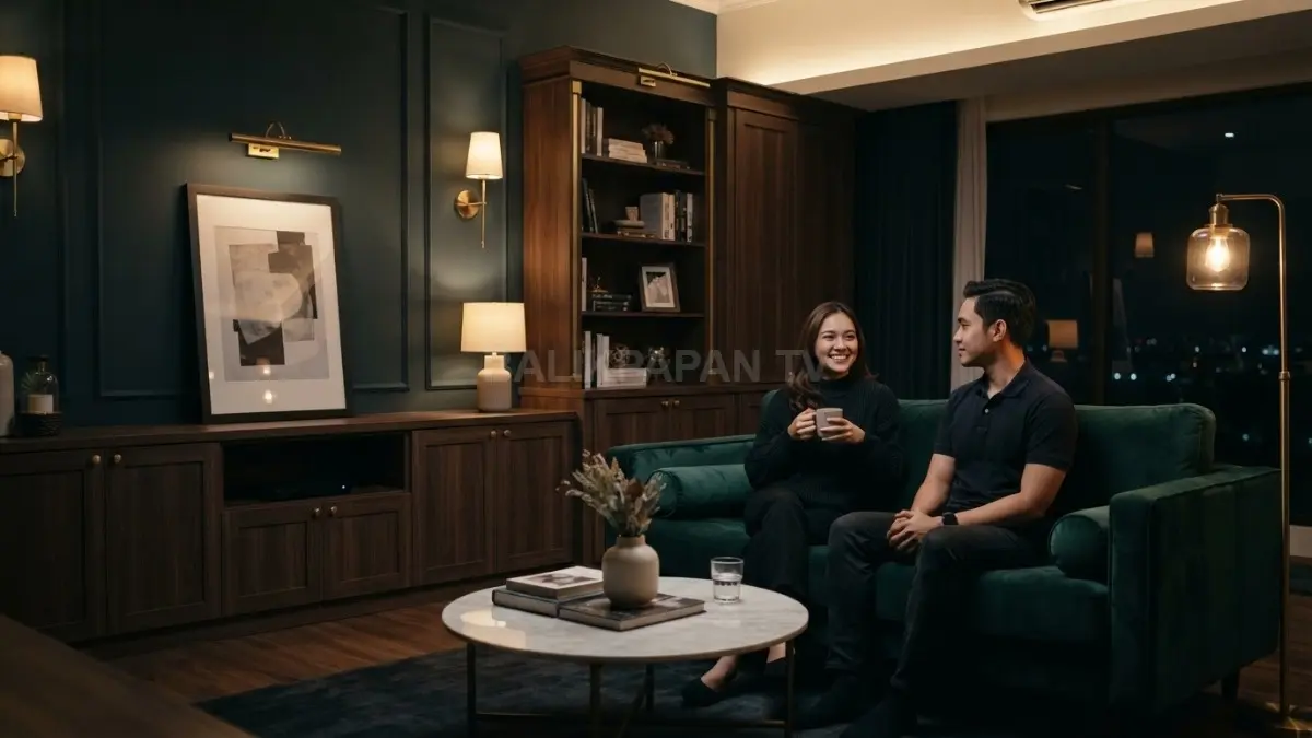Lampu dinding brass menghadirkan cahaya hangat yang menonjolkan tekstur velvet, kayu, dan kabinet ruang keluarga. (BTV/AI)