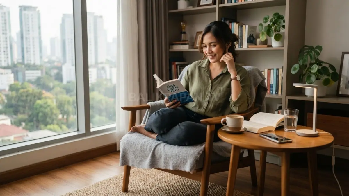 Meja kecil dekat kursi membuat reading nook lebih praktis, rapi, nyaman, dan semua kebutuhan mudah dijangkau. (BTV/AI)