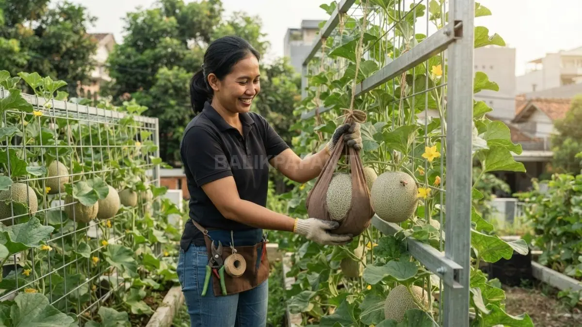 Melon dapat ditanam vertikal, tetapi teralis perlu diperkuat dan buah diberi penyangga tambahan saat mulai membesar. (BTV/AI)