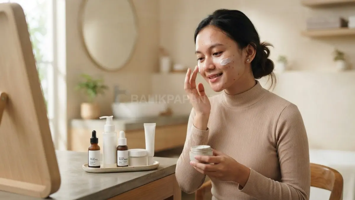 Panduan perawatan kulit wajah berjerawat yang lembut untuk menjaga kelembapan dan kesehatan kulit. (BTV/Ai)