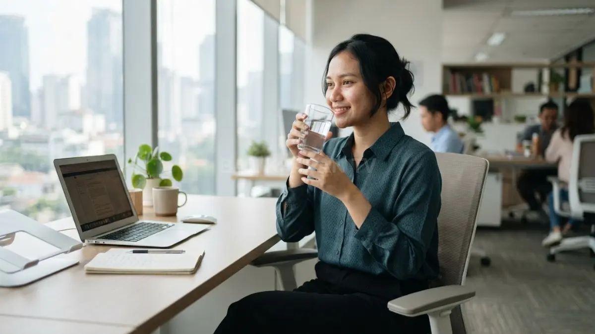 Pekerja kantor menikmati segelas air putih segar untuk mengembalikan energi saat istirahat sejenak. (BTV/Ai)