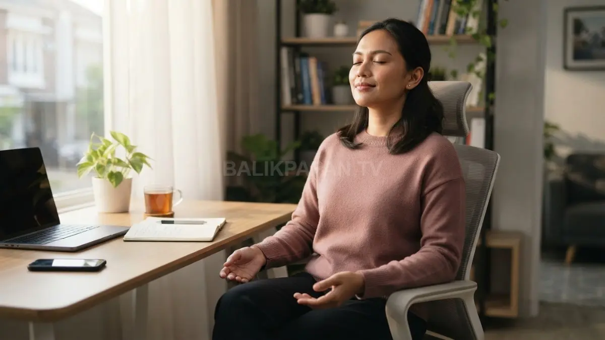 Pekerja muda melepas penat sejenak dengan meditasi pernapasan singkat di meja kerja. (BTV/Ai)