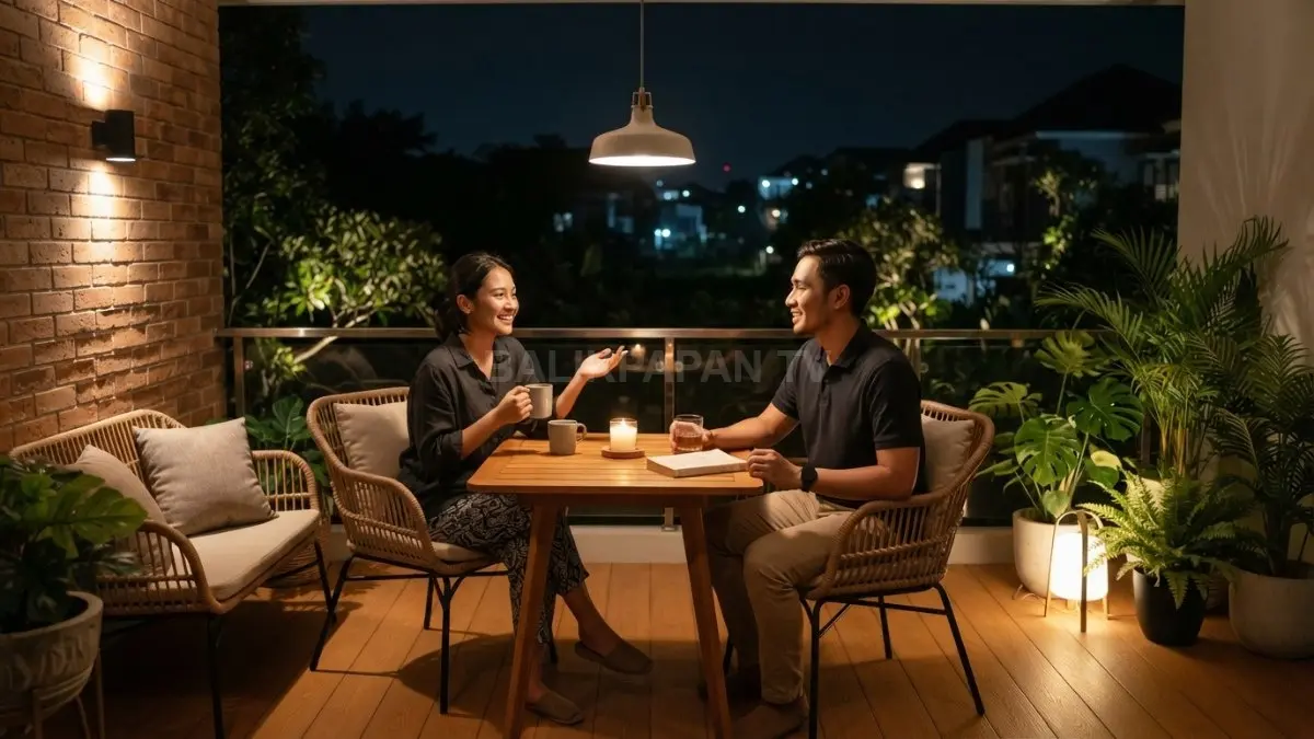 Pencahayaan hangat membuat teras nyaman digunakan malam hari, dengan suasana tenang dan bayangan lembut. (BTV/AI)
