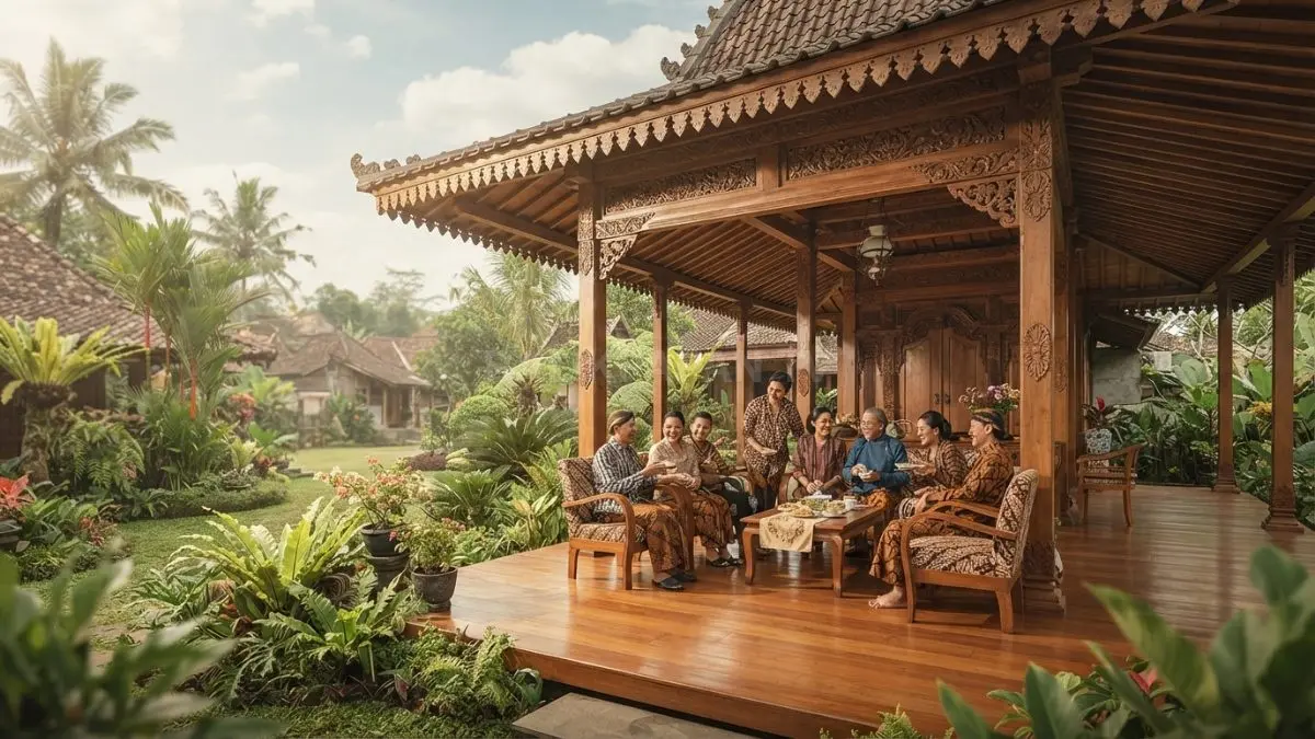 Pendopo rumah Jawa menjadi ruang terbuka bertiang kayu untuk menerima tamu, berkumpul, dan bersosialisasi bersama (BTV/AI).