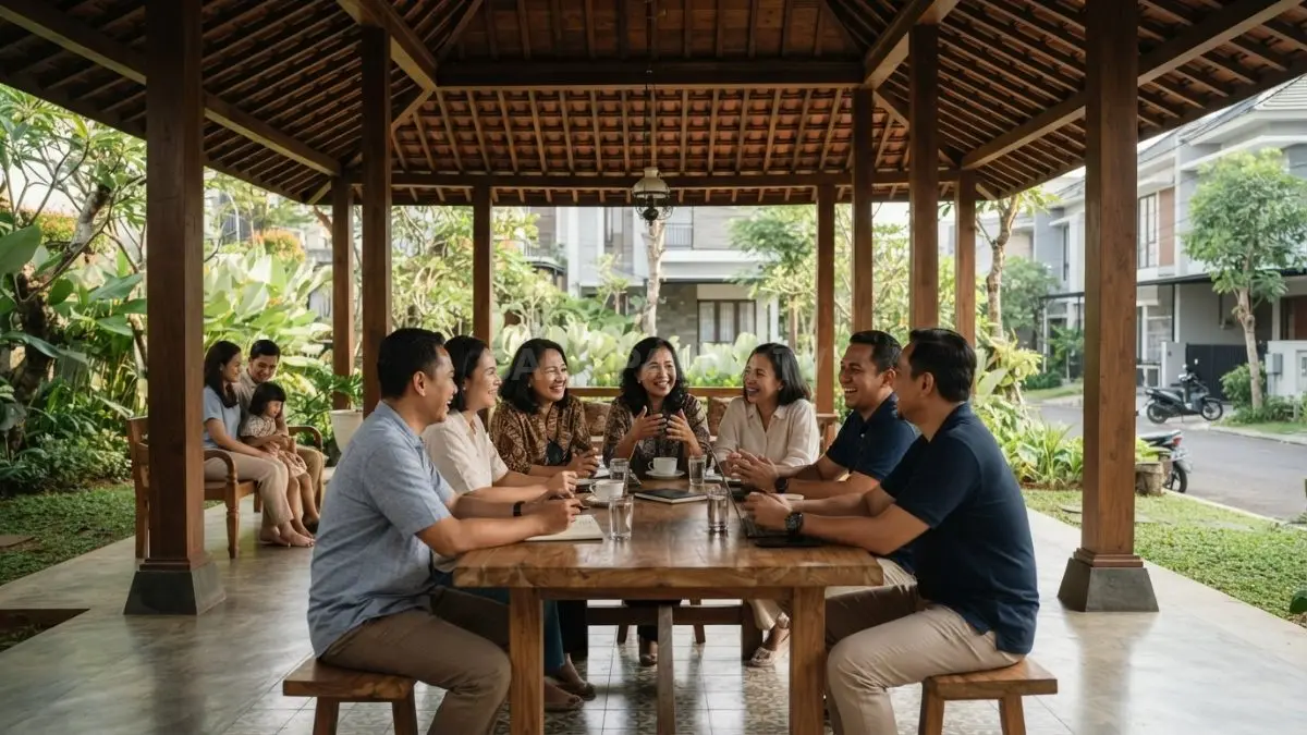 Pendopo terbuka agar tamu dapat berkumpul, berbincang, dan bersosialisasi tanpa memasuki ruang privat rumah (BTV/AI).