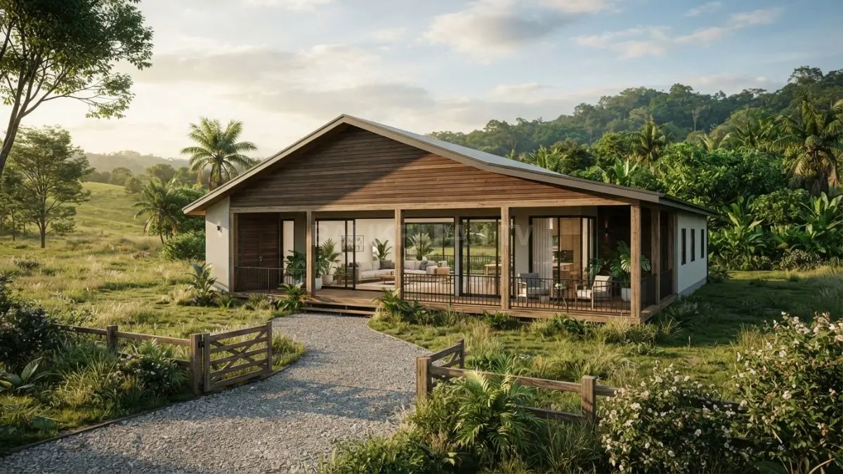 Ranch house satu lantai menghadirkan jendela besar, teras lapang, fasad kayu, dan lanskap hijau menenangkan (BTV/AI)