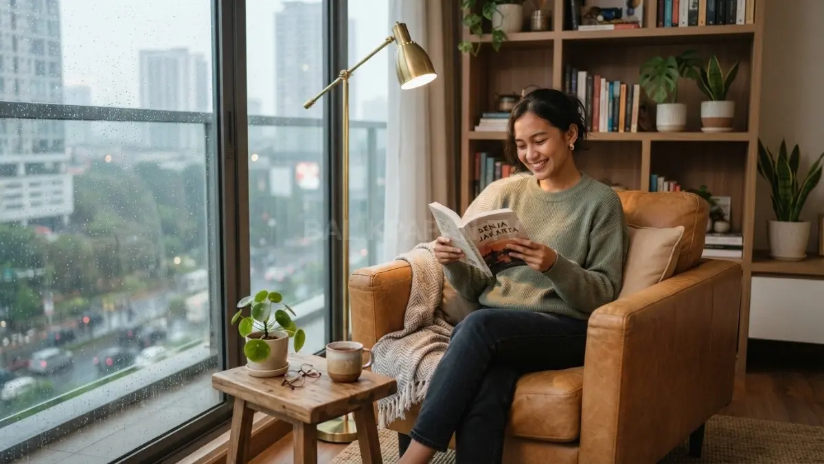 Reading nook dekat jendela dengan armchair nyaman, lampu baca, meja kecil, bantal, tanaman dekoratif (BTV/AI).
