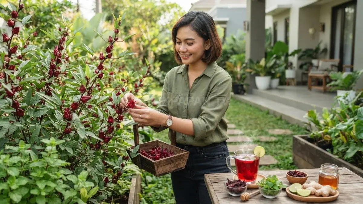 Rosela dapat dipanen dari bagian calyx untuk dibuat teh panas atau dingin, dengan rasa asam yang cocok dipadukan berbagai bahan. (BTV/AI)