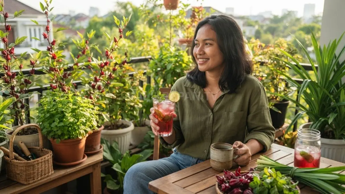 Rosela, mint, dan pandan dapat ditanam di rumah lalu dipanen untuk membuat teh, infus, dan minuman segar sehari-hari. (BTV/AI)