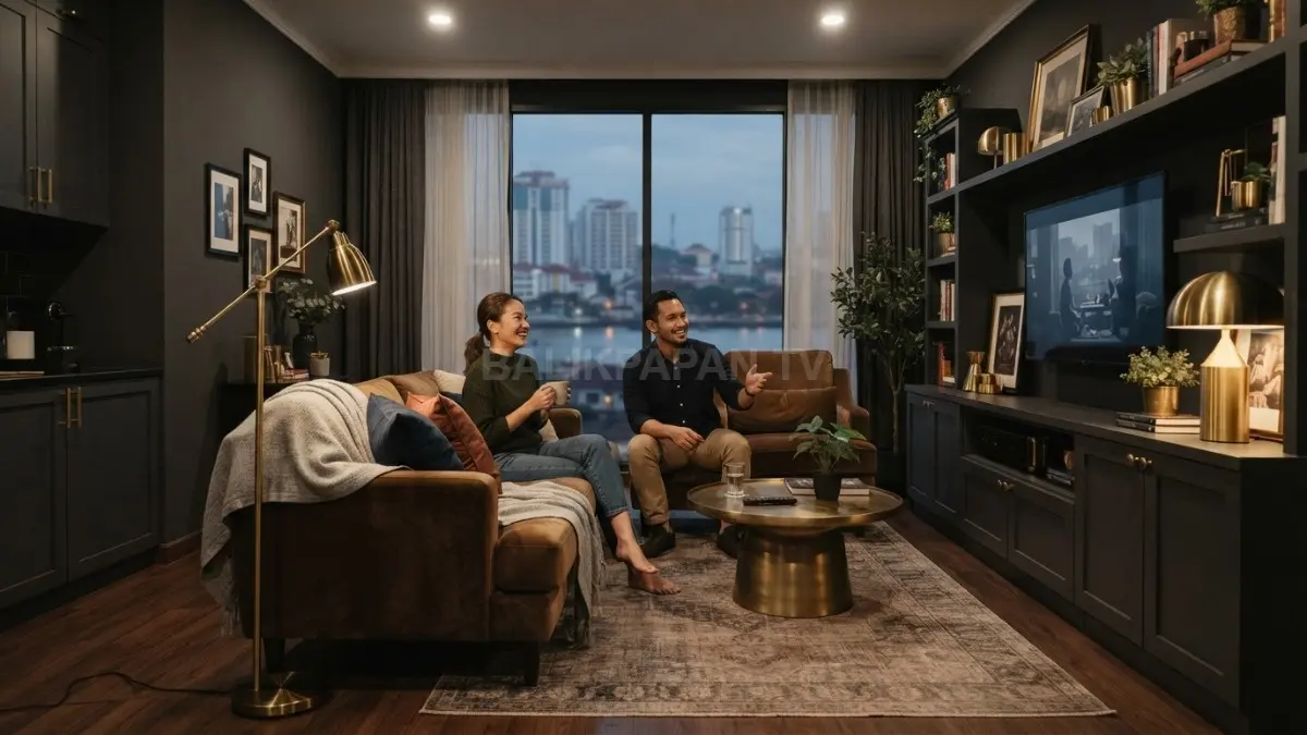 Ruang keluarga charcoal dengan sofa velvet cokelat menghadirkan suasana hangat, elegan, dan berkarakter. (BTV/AI)