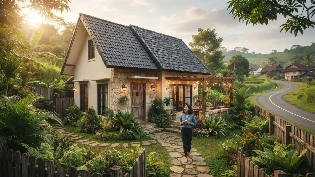 Rumah cottage desa memadukan batu alam, kayu, atap curam, dan taman hijau dalam suasana hangat alami (BTV/AI)