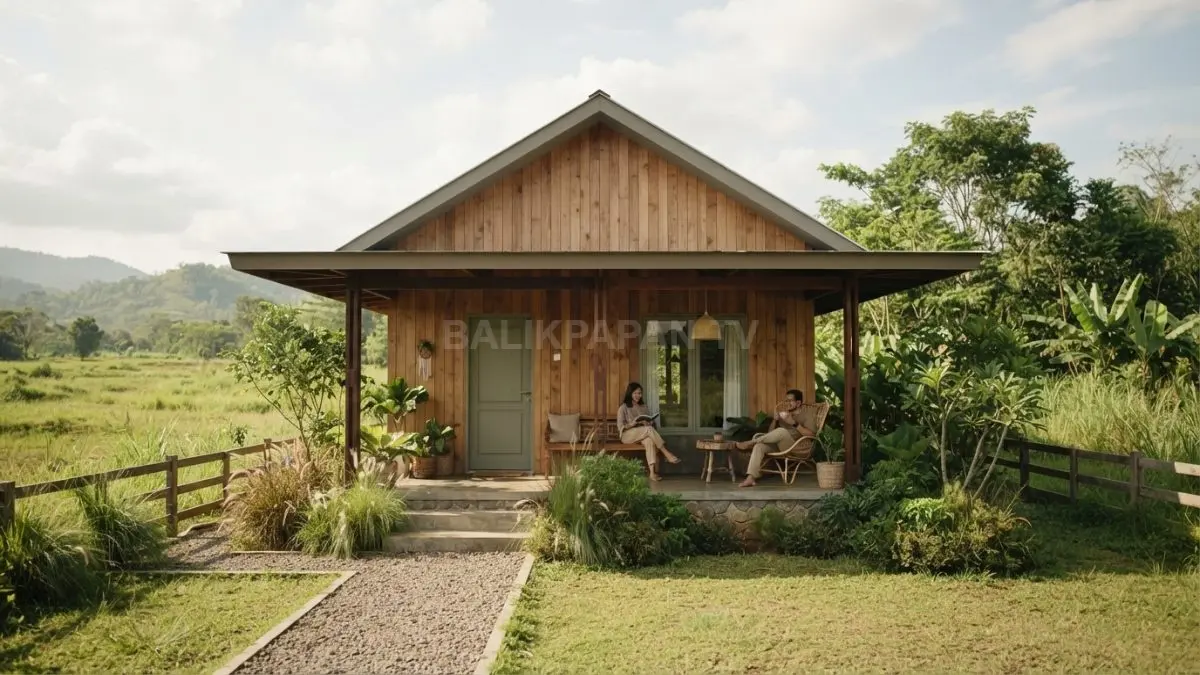 Rumah kayu dengan teras luas menghadap padang rumput menghadirkan suasana pedesaan Amerika yang hangat dan alami (BTV/AI)
