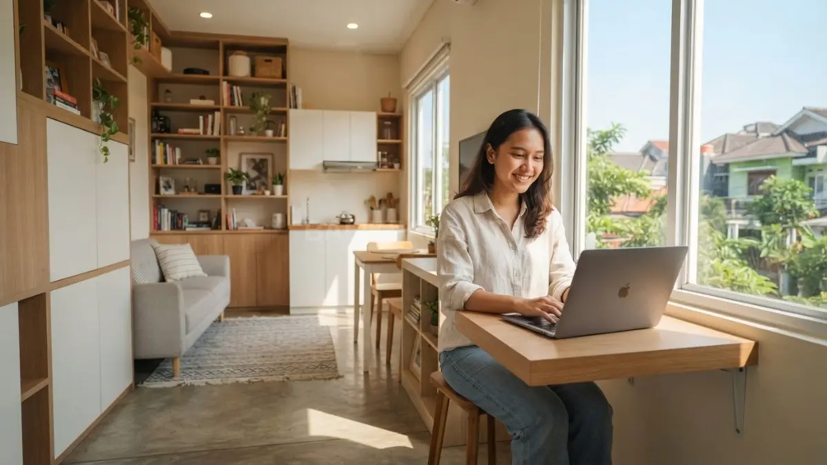 Rumah kecil lahan 60 meter persegi terasa luas melalui furnitur proporsional, warna terang, pencahayaan alami. (BTV/AI)