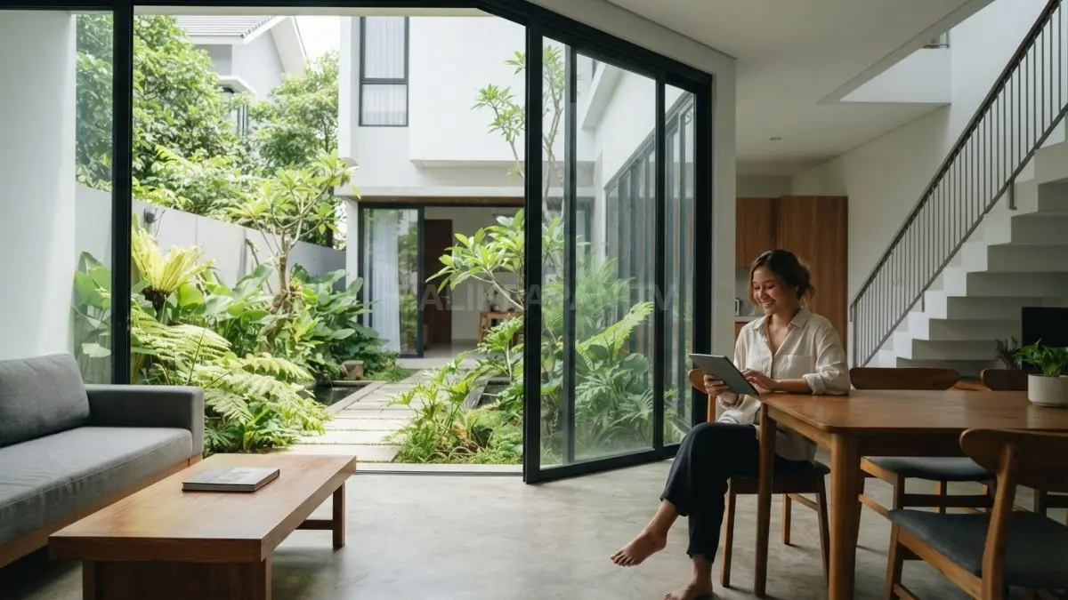 Rumah kotak minimalis dengan courtyard menghadirkan cahaya alami, ventilasi, dan taman hijau di tengah hunian perkotaan (BTV/AI)