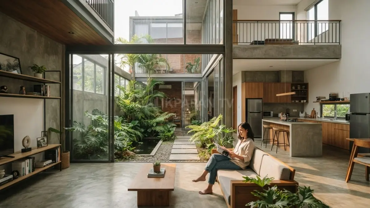 Rumah kotak minimalis dengan courtyard tengah menghadirkan cahaya alami, ventilasi silang, dan ruang hijau menyegarkan (BTV/AI)