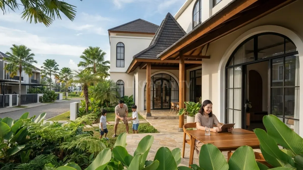 Rumah Mediterranean minimalis memadukan fasad krem, arch, teras terbuka, batu alam, kayu, dan taman tropis (BTV/AI)