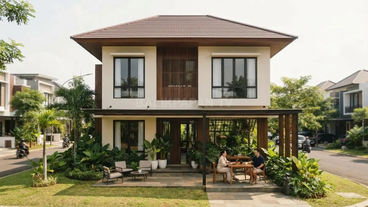 Rumah minimalis bergaya Eropa berpadu atap dan material tradisional Indonesia untuk menghadirkan hunian tropis harmonis (BTV/AI)