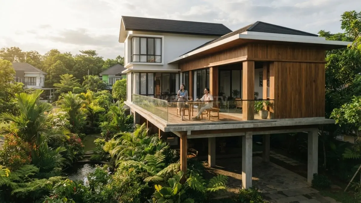 Rumah minimalis bergaya Eropa berpadu konsep rumah panggung Nusantara dengan material alami dan teras tropis. (BTV/AI)