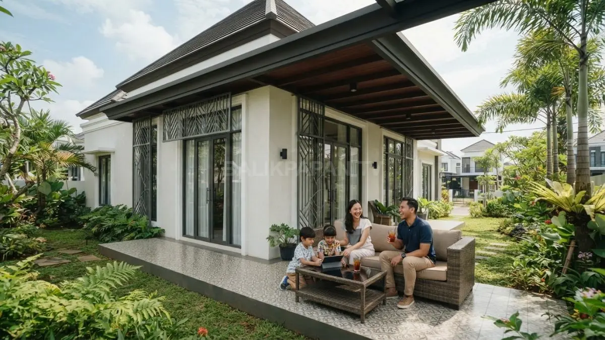 Rumah minimalis bergaya European Colonial menghadirkan teras luas dan bukaan teduh untuk merespons iklim tropis (BTV/AI)