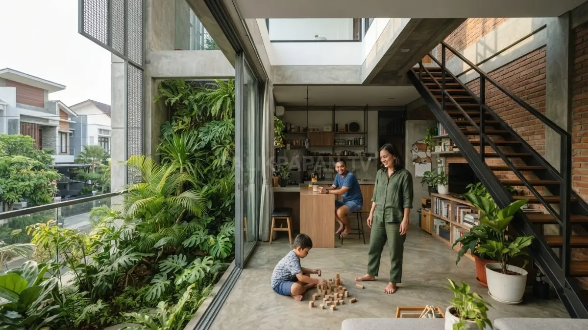 Rumah minimalis perkotaan memanfaatkan bukaan, taman, ventilasi, dan fasad modern untuk menciptakan hunian nyaman di lahan terbatas (BTV/AI).