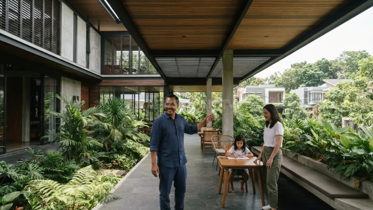Rumah minimalis tropis dengan atap lebar, teras semi-outdoor, dan bukaan alami menghadirkan kenyamanan perkotaan (BTV/AI)