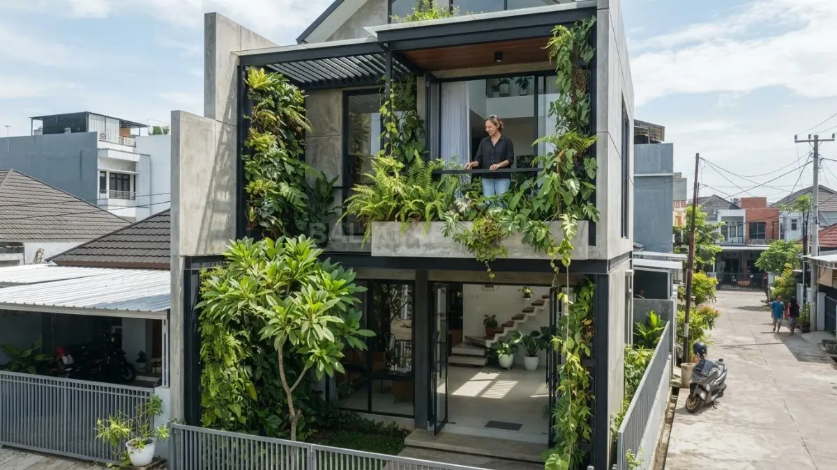 Rumah urban modern memanfaatkan taman vertikal, planter box, dan courtyard untuk menghadirkan ruang hijau di lahan terbatas. (BTV/AI)