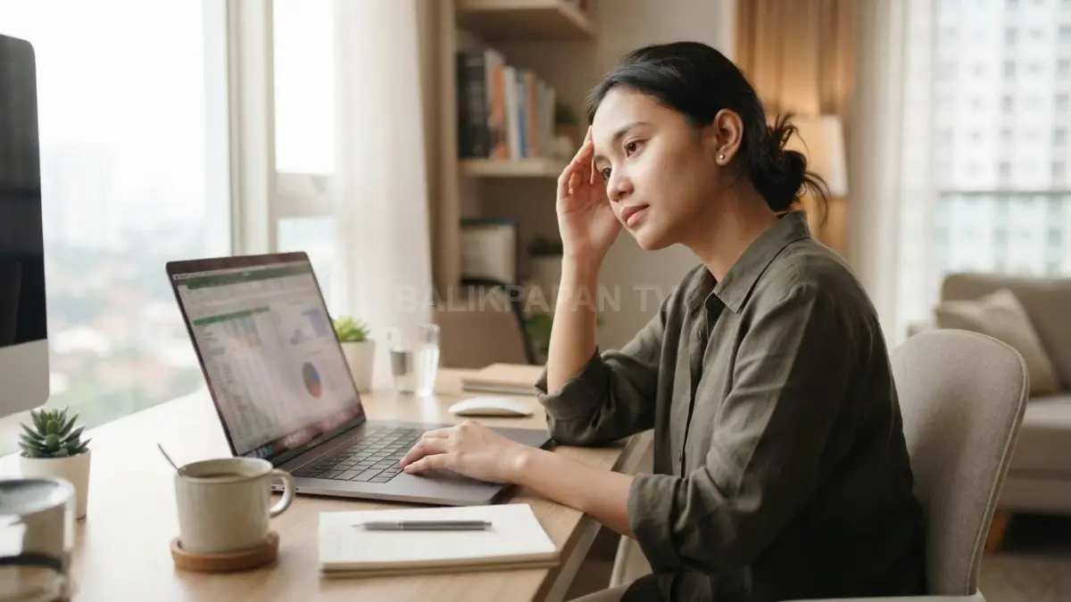 Seorang pekerja tampak lelah dan sulit berkonsentrasi di depan laptop saat siang hari. (BTV/Ai)