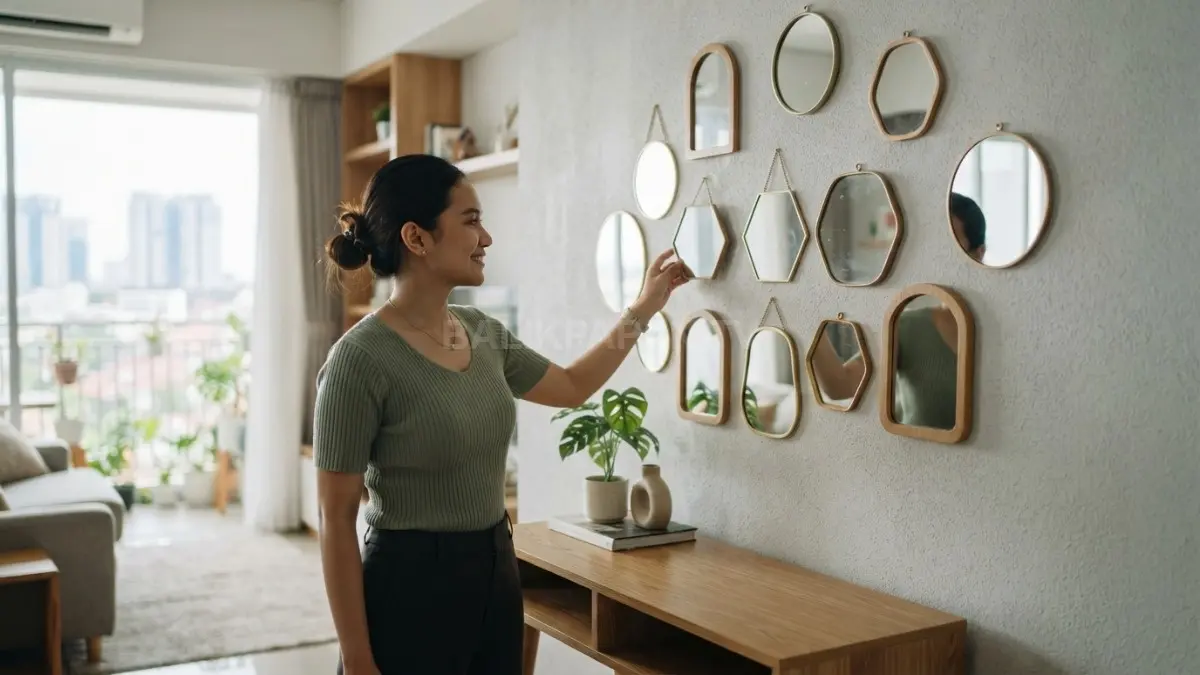 Susunan cermin kecil dengan bentuk berbeda dapat mengubah dinding kosong menjadi dekorasi bergaya galeri tanpa terasa penuh. (BTV/AI)