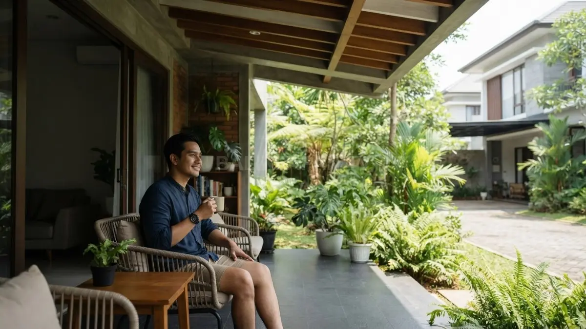 Teras rumah berfungsi sebagai ruang transisi, mengatur panas, udara, cahaya, dan kenyamanan hunian tropis. (BTV/AI)