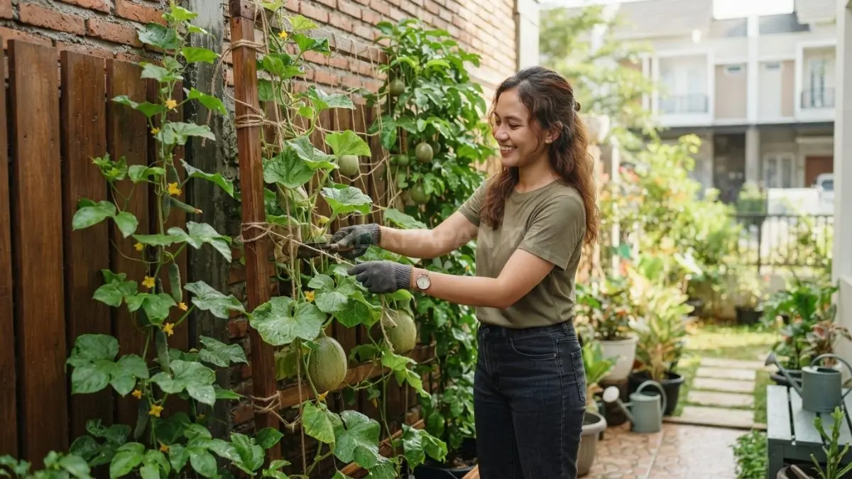 Timun, melon, dan markisa dapat ditanam secara vertikal untuk membuat kebun buah tetap produktif meski lahan rumah terbatas. (BTV/AI)