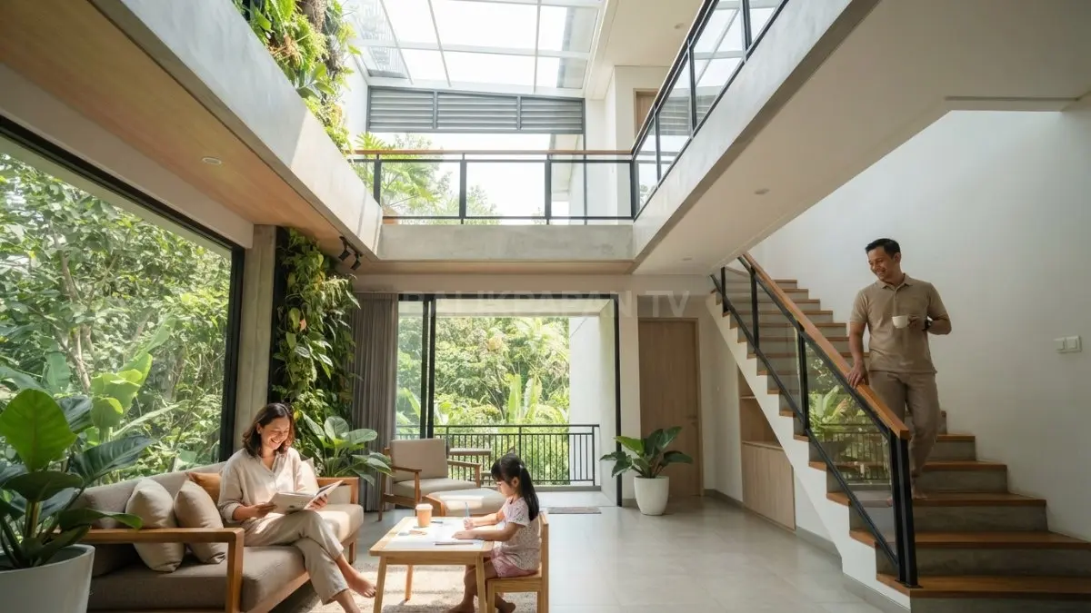 Void dan skylight menghadirkan cahaya alami sekaligus memperluas kesan ruang pada rumah minimalis dua lantai (BTV/AI)