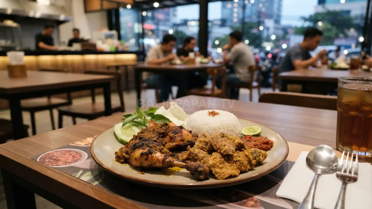 Ayam bakar berbumbu rempah disajikan bersama manday fermentasi kulit cempedak, nasi hangat, sambal, lalapan. (BTV/AI)