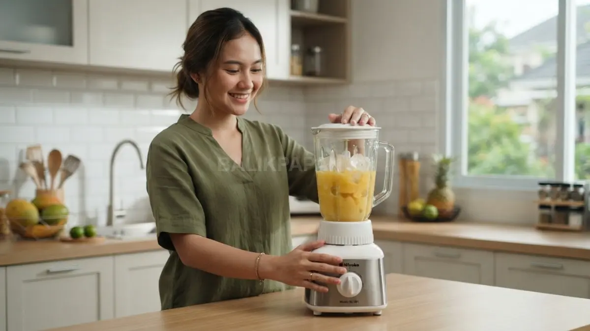 Blender Miyako bermata pisau stainless steel dan motor bertenaga untuk menghaluskan berbagai bahan dapur sehari-hari. (BTV/AI)