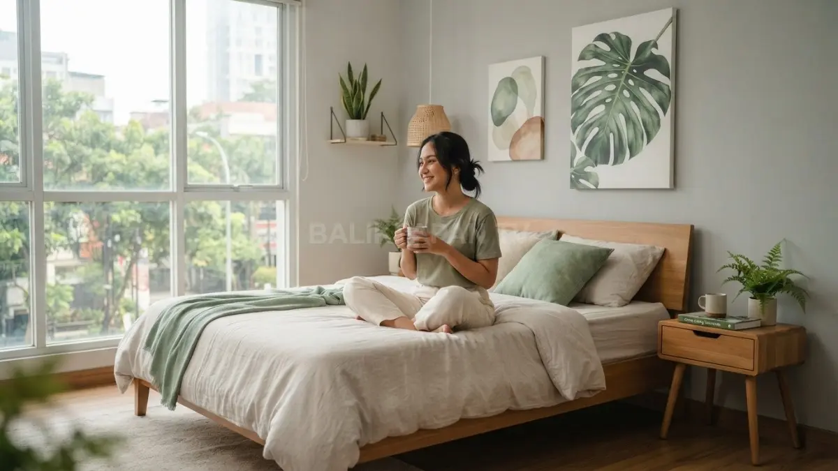 Dekorasi bernuansa alam menghadirkan suasana tenang melalui artwork daun, tanaman, dan warna hijau lembut (BTV/AI).