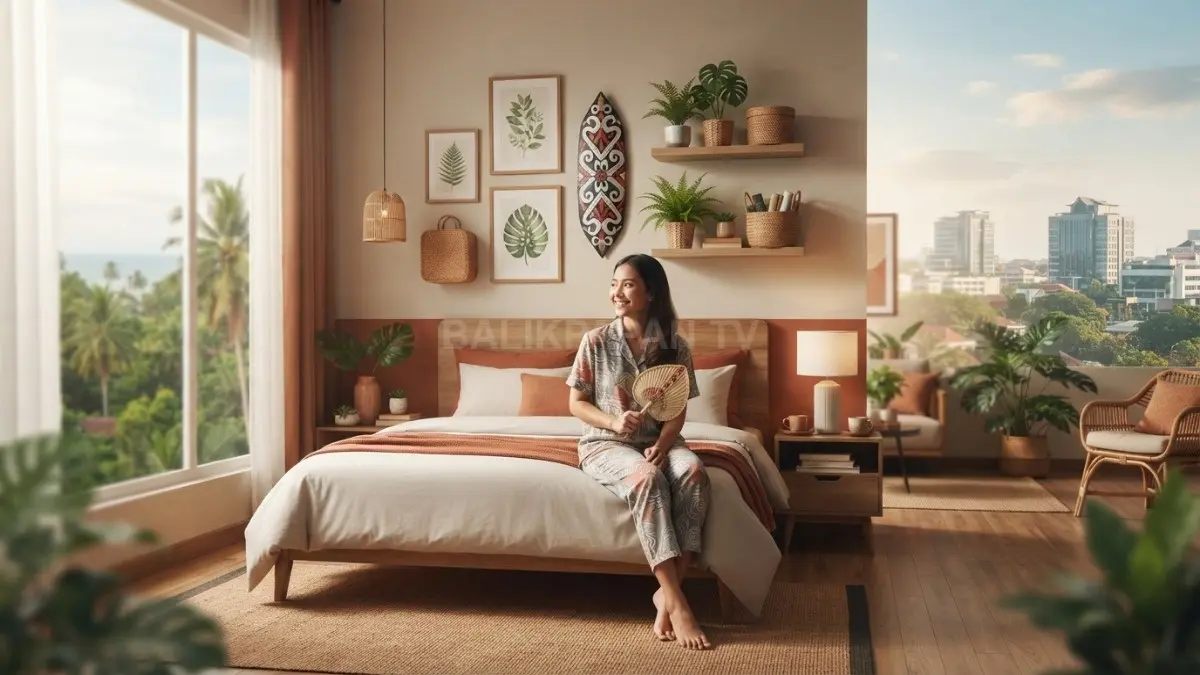 Dekorasi dinding memadukan warna alam, kayu, artwork, tanaman, dan budaya Kalimantan agar kamar modern tetap berkarakter (BTV/AI).