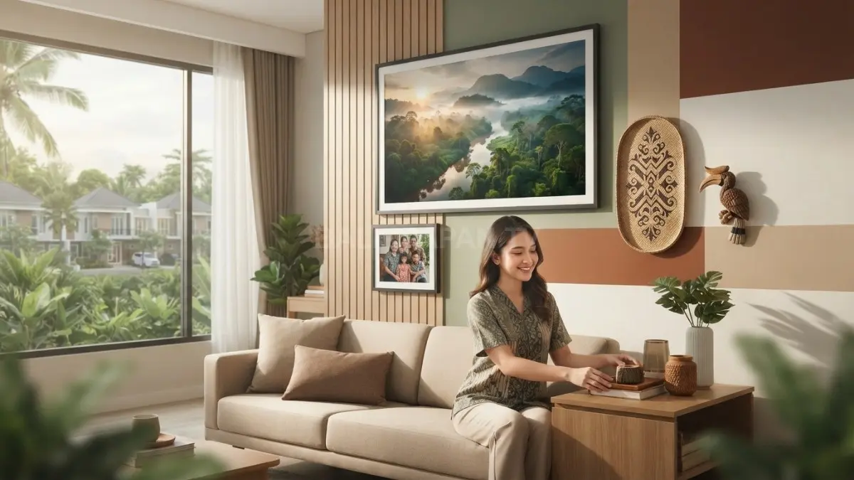 Dinding kamar bisa menjadi cerita Kalimantan melalui artwork, foto personal, kayu, dan warna bumi yang harmonis. (BTV/AI)