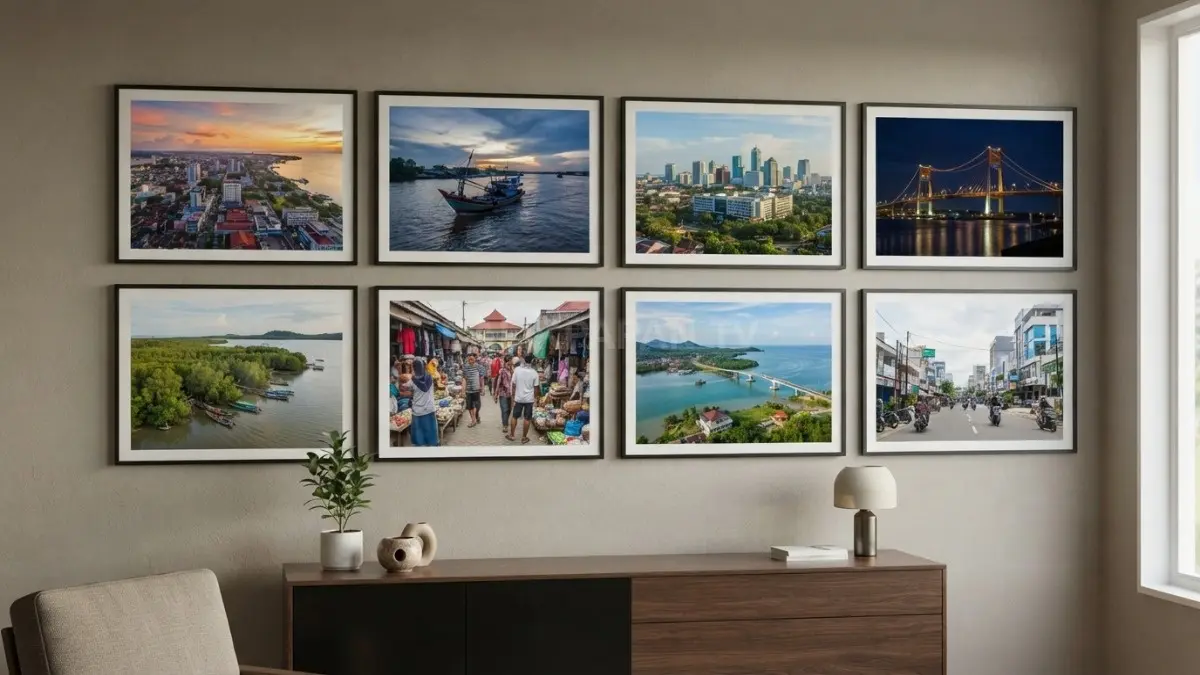 Gallery wall kamar modern berisi foto perjalanan Balikpapan, Samarinda, dan PPU dengan frame minimalis (BTV/AI).