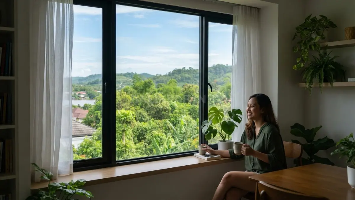Jendela membingkai pepohonan dan langit, menghadirkan lanskap Samarinda sebagai bagian visual interior rumah sehari-hari. (BTV/AI)