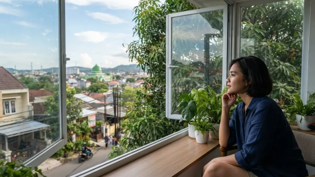 Jendela membingkai pohon, langit, dan ruang hijau Samarinda, menghadirkan lanskap kota ke dalam keseharian penghuni. (BTV/AI)