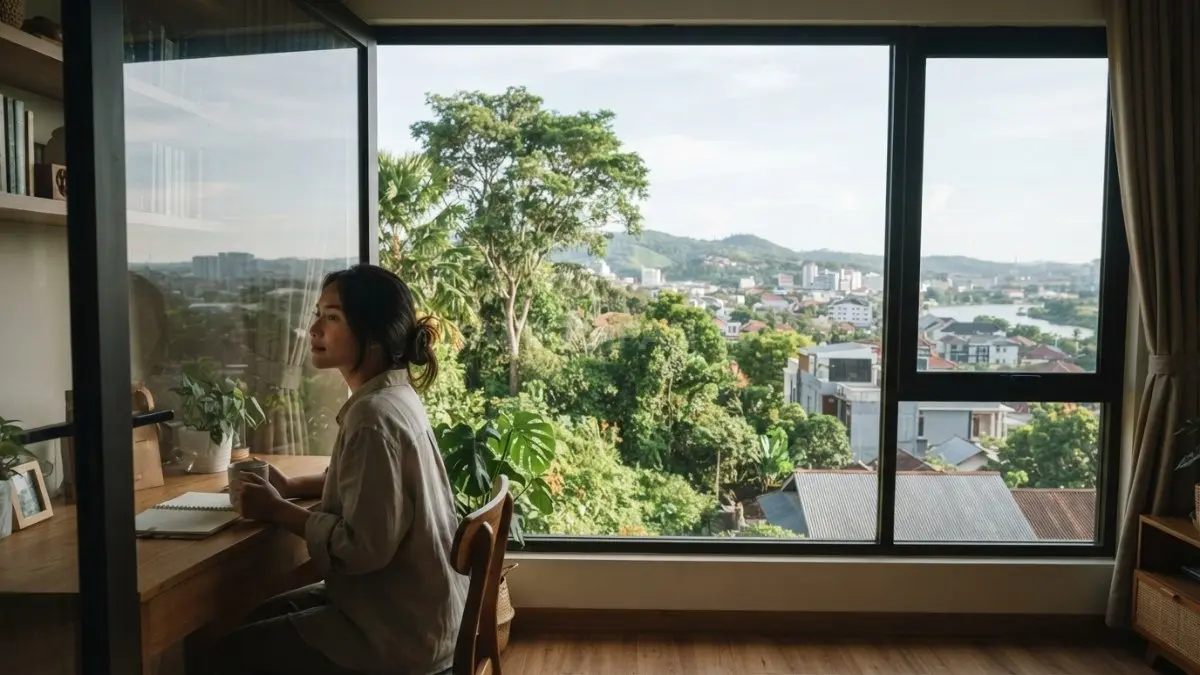 Jendela rumah membingkai pepohonan dan langit Samarinda sebagai lanskap kota yang terasa dekat setiap hari. (BTV/AI)
