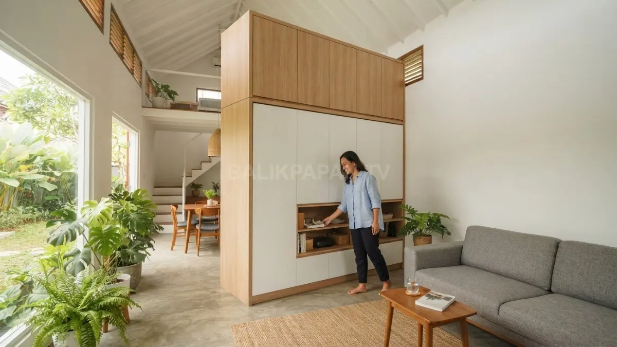 Kabinet 1,9 meter menjadi garis visual, membagi ruang tanpa mengurangi kesan lega pada rumah tropis. (BTV/AI)
