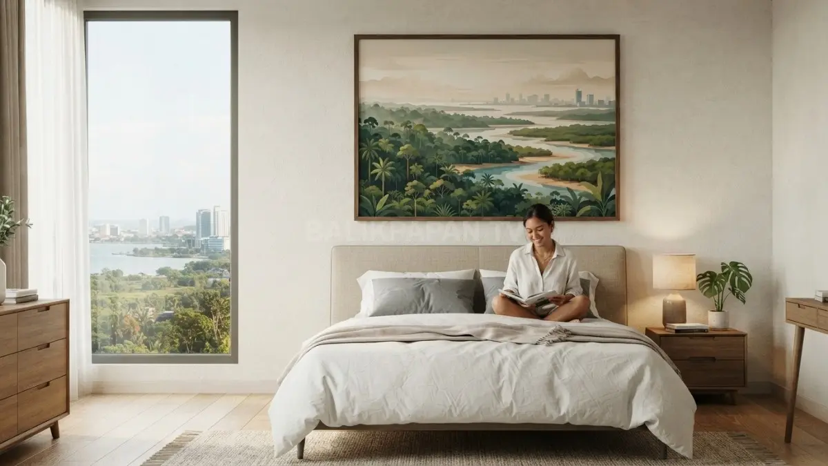 Kamar modern dengan wall art lanskap Kalimantan, panel kayu, dan furnitur minimalis bernuansa natural (BTV/AI)