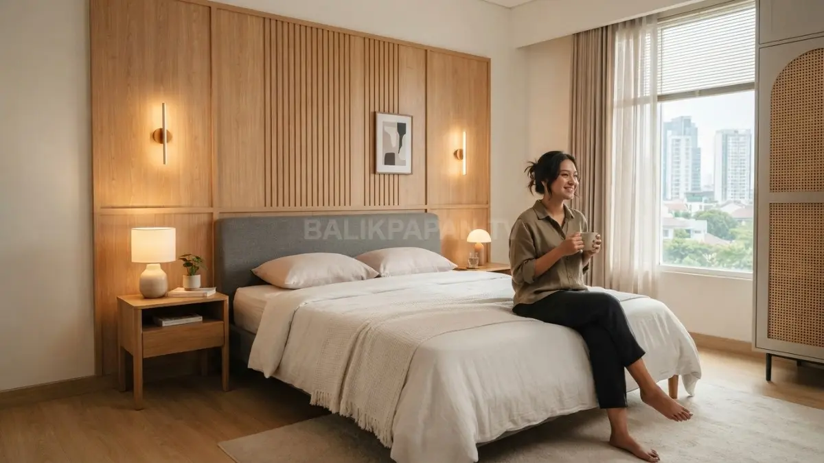 Panel kayu di belakang tempat tidur menghadirkan tekstur natural, hangat, elegan, dan tetap ringan secara visual. (BTV/AI)