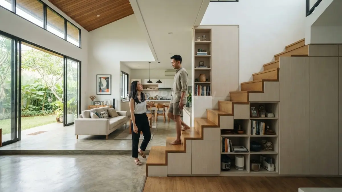 Perbedaan ketinggian ruang membantu rumah tropis mengatur storage, ventilasi, dan aktivitas tanpa mengurangi kesan lega. (BTV/AI)