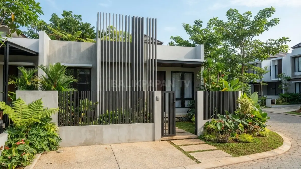 Bilah aluminium vertikal memperkuat kesan fasad rumah kecil modern, ringan, rapi, dan tetap memberikan privasi.