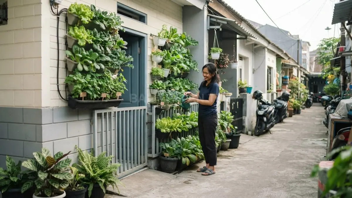 Dinding kosong dimanfaatkan sebagai bidang hijau melalui vertikultur, menghemat ruang lantai untuk aktivitas keluarga sehari-hari.